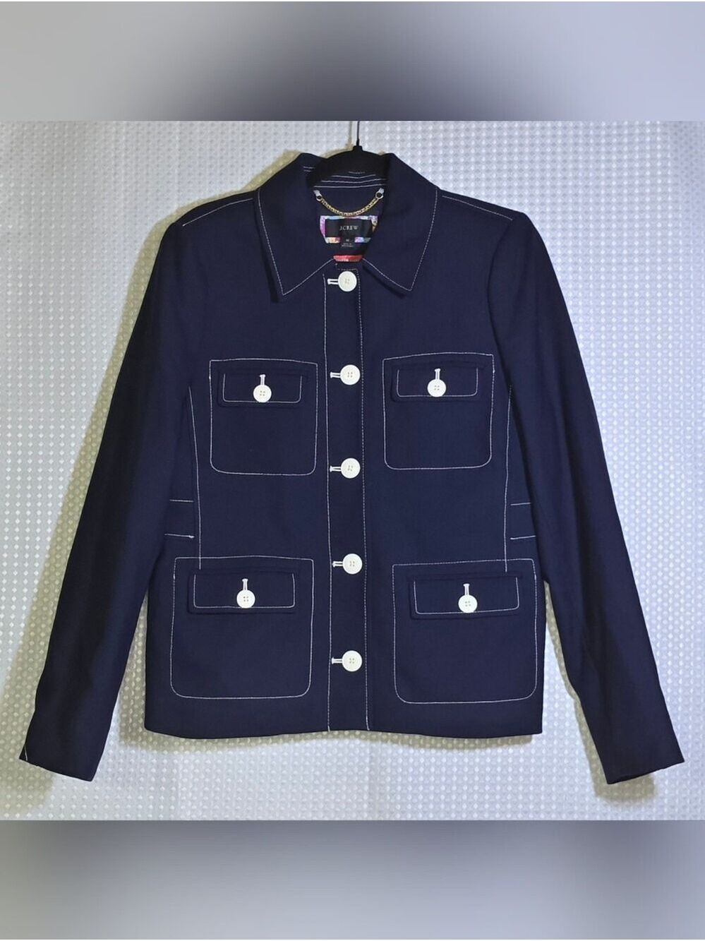 J.Crew Contrast Stitch Tailored Utility Jacket Blazer Navy Blue Medium - Picture 12 of 13